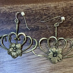Art Nouveau Dogwood Flowers Dangling Brass Earrings With Hooks From Estate