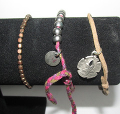 J#5 – 3 Handmade bracelets. brass beads on stretch cord, sand dollar on leather