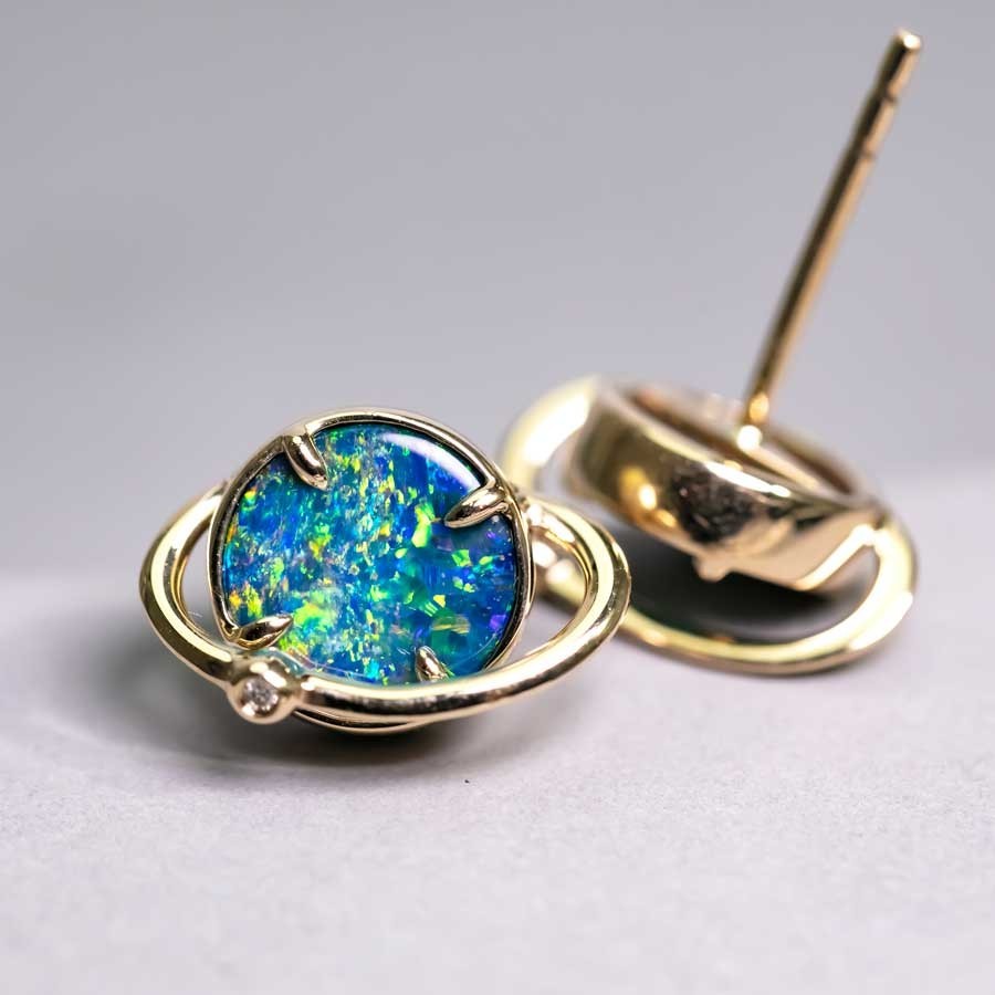 Saturn Design Doublet Opal Stud Earrings 14K Yellow Gold