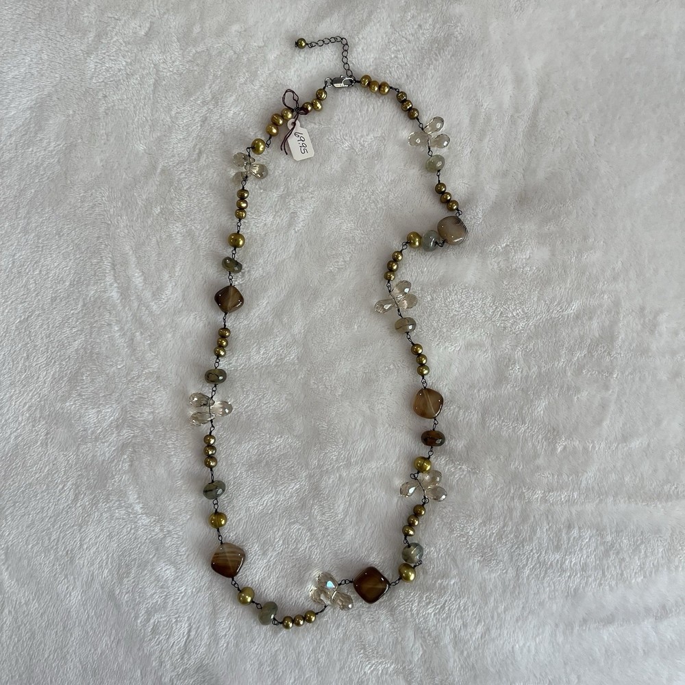 Woman’s 24” Handmade Beaded Necklace With Crystals And Stones And Gold Beads.