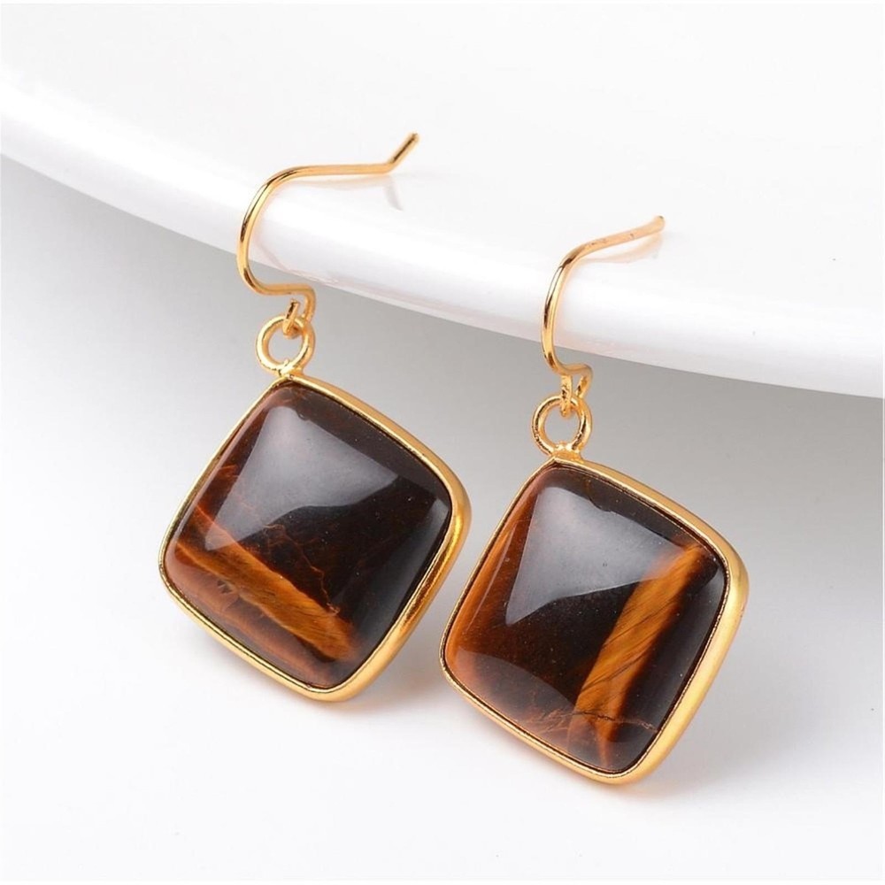 Puffed Diamond Shape Tiger Eye Gemstone Pendant Gold Plated Trim Earrings