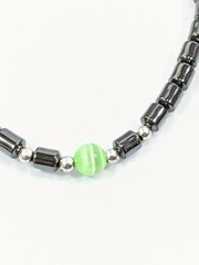 Artisan Gray Hematite Barrel Bead Green Round Glass Cats Eye Bracelet 7.25 Inch