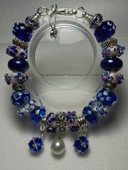 Blue Glass Beaded Charm Bracelet with Dangle Charms, Imitation Pearl Accents