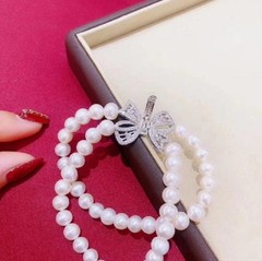 2-Row Pearl AAAA 7-8mm Natural Japanese Round WhitePearl Bracelet 925s7.5-8 inch