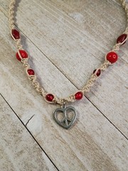 New Hemp Necklace w/ Heart Peace Sign Charm & Red Glass Beads, 18 inch Handmade