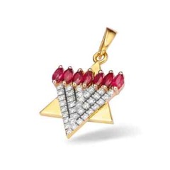 Menorah Pendant in 14k Yellow Gold with Diamonds & Rubies Jewish Hanukah Jewelry