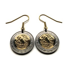 Mexico 2 Pesos coin earrings Mexican golden eagle snake Veracruz Chiapas e000482