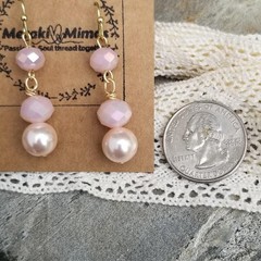 Meraki Mimos Pink Faceted Glass and Pearl Drop Earrings Gold Tone Handmade
