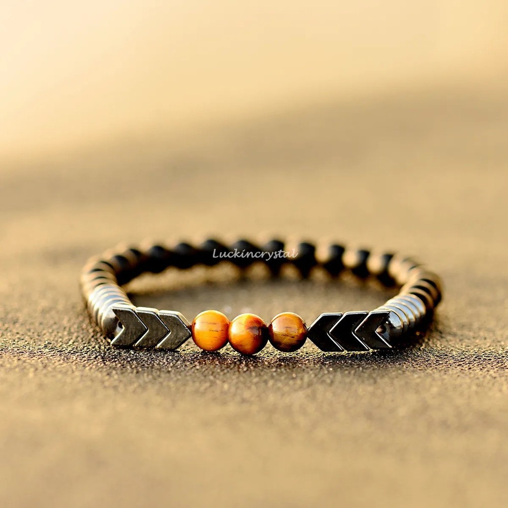 Natural Tiger Eye Hematite Black Tourmaline Beaded Triple Protection Bracelet
