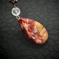 Handcrafted Teardrop Necklace: Red-White Resin with Embedded Wood & Crystal