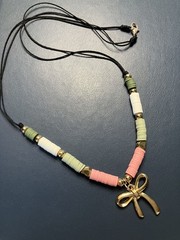 Pink, Green, White, Gold, Black Bow Charm Bead and Nylon Necklace-Bracelet Set