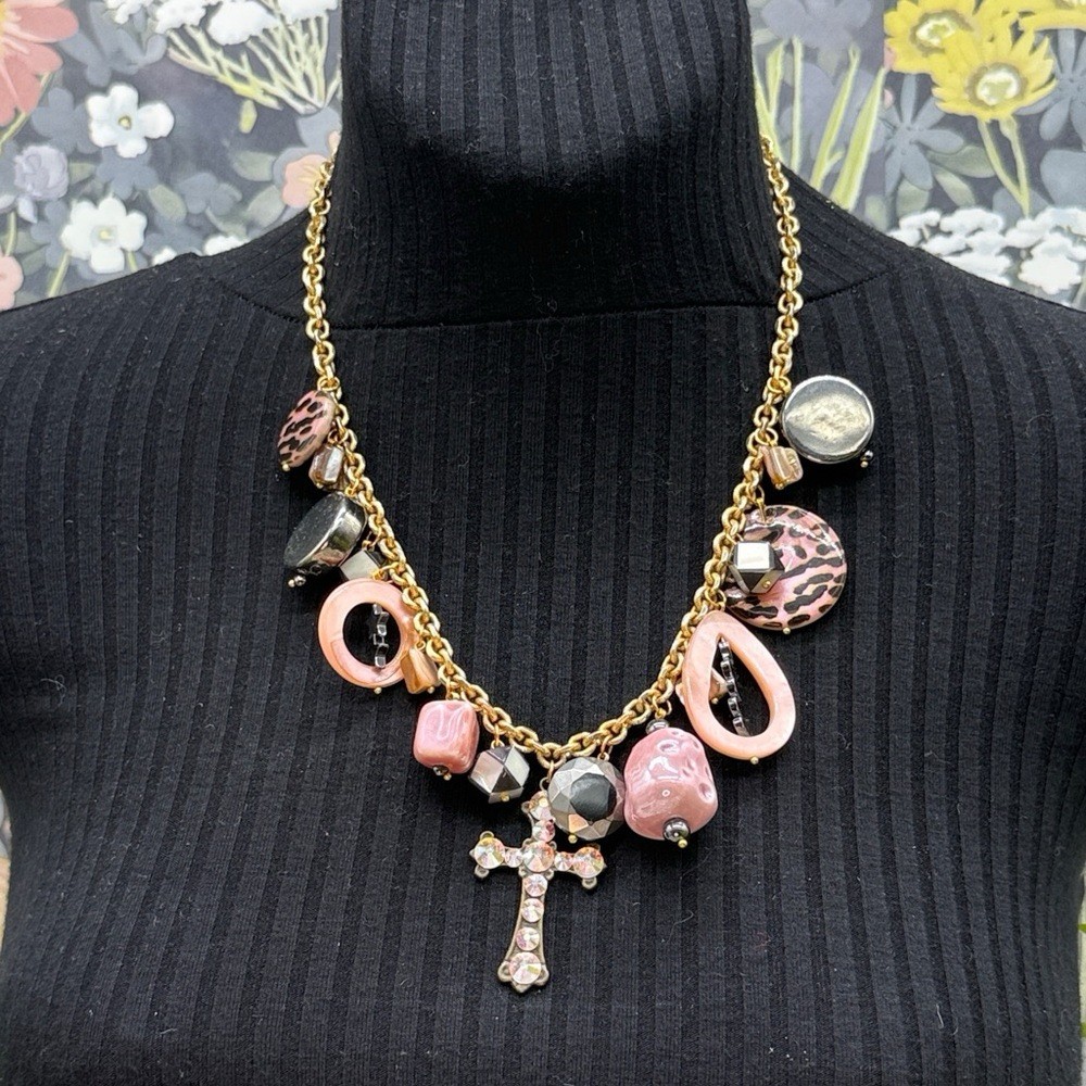 Adorned Crown Jewelry assemblage pink rhinestone cross charm necklace