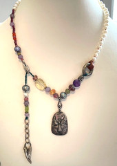 Jes Maharry Necklace Sundance Pearl Strand Gemstones Sterling 925 Angel Charm