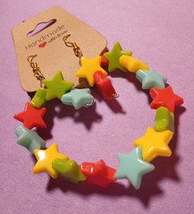 Bracelet & Earrings Set Star Green Yellow Red Blue Cyan Teal Handmade Beaded