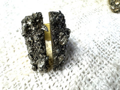 NEW Adjustable 24k Gold Plated Brass Pyrite Statement Ring Rough Chips Artisan