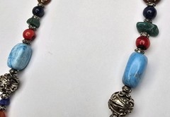 Assorted Semi Precious Stone Beaded Silver Tone Necklace 23″ Jade Coral