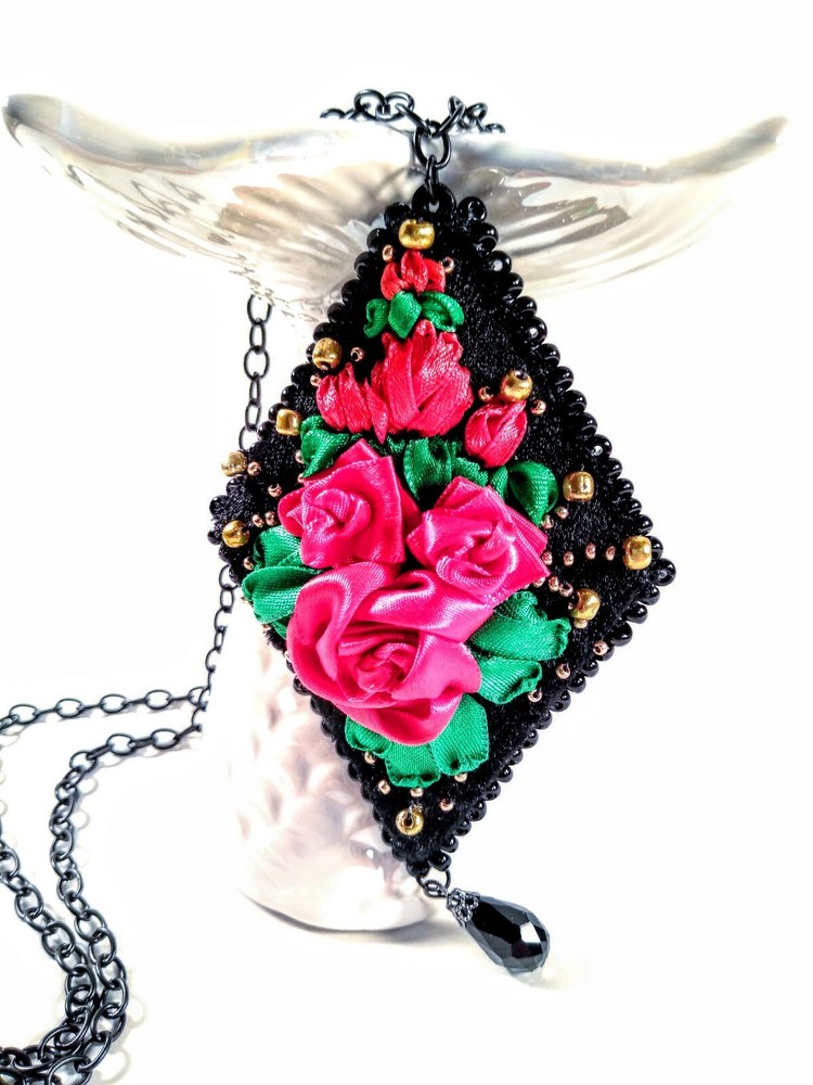 Handmade Miniature Flower Ribbon Embroidery Necklace,birthday gift, anniversary.