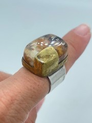 Brutalist Mixed Metal Agate Cocktail Ring 925 Silver Hammered Brass Band Size 7
