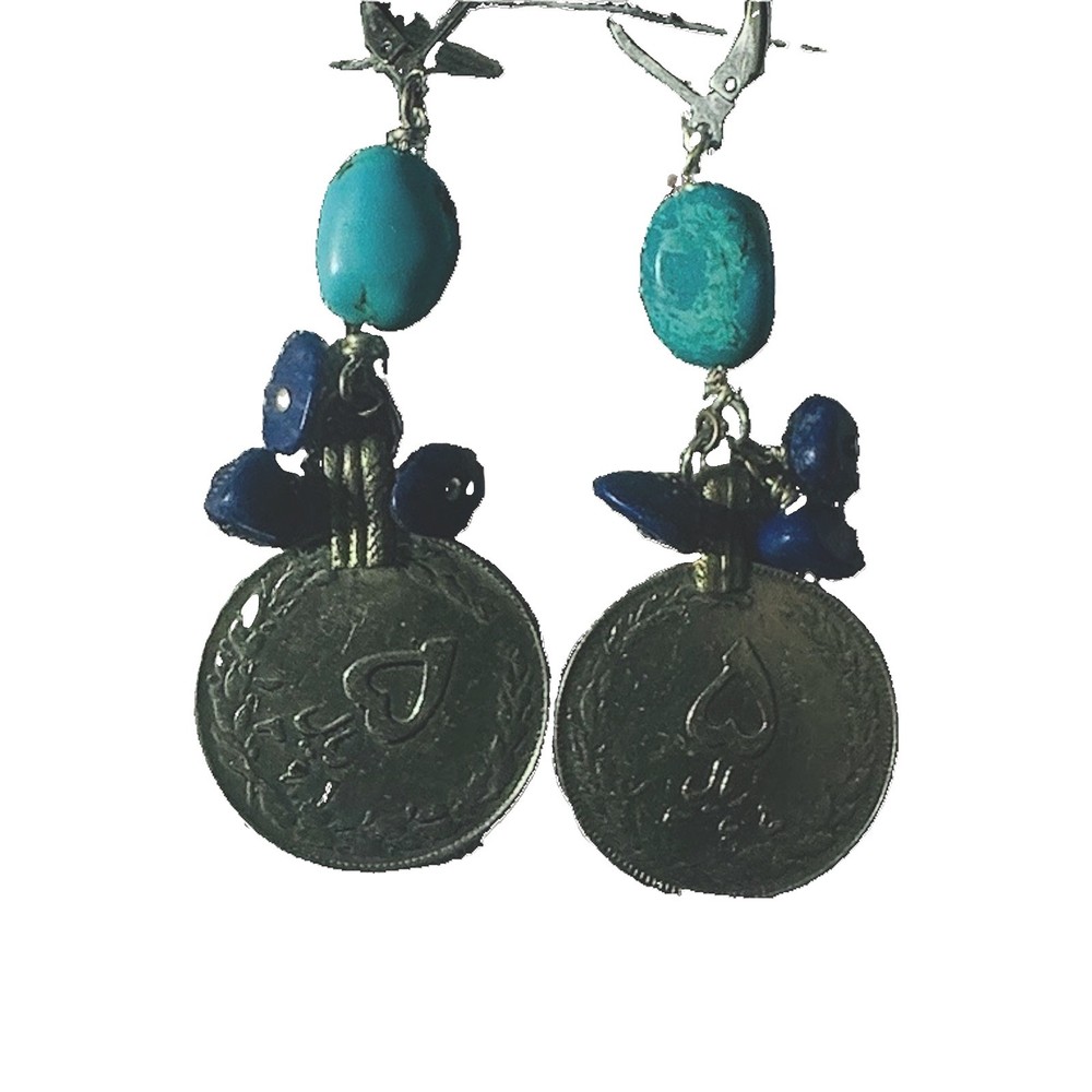 Galaxia Berillus Handcrafted Turquoise & Lapis Dangle Drop Hook Earrings Silver