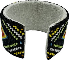 Handmade beaded Black Multicolored leather Hard cuff bracelet