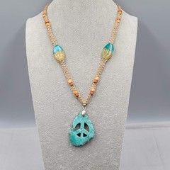 Carved Blue Stone Peace Sign Pendant Necklace Woven Hemp Cord Glass Bead 22″