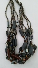 Handmade Necklace GLASS BEADS BLUE PEACOCK PEWTER BRONZE TIGER EYE MOP 20 in Adj