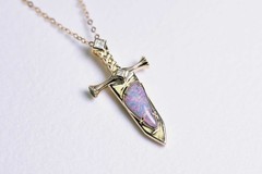 Knight Sword – Boulder Opal & Princess Cut Diamond Pendant ONLY 18K Yellow Gold