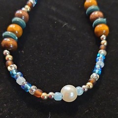 Beaded Necklace Pearl Glass Wood Blue Brown Yellow White Silver Lobster Clasp