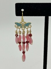 14k Yellow Gold Plated,Teal Butterfly, Pink/RedCoral, Dangle/Chandelier Earrings