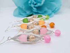 Pink Sea Glass Artisan Wire Braided Silver Earrings-Geometric Dangles- Glass