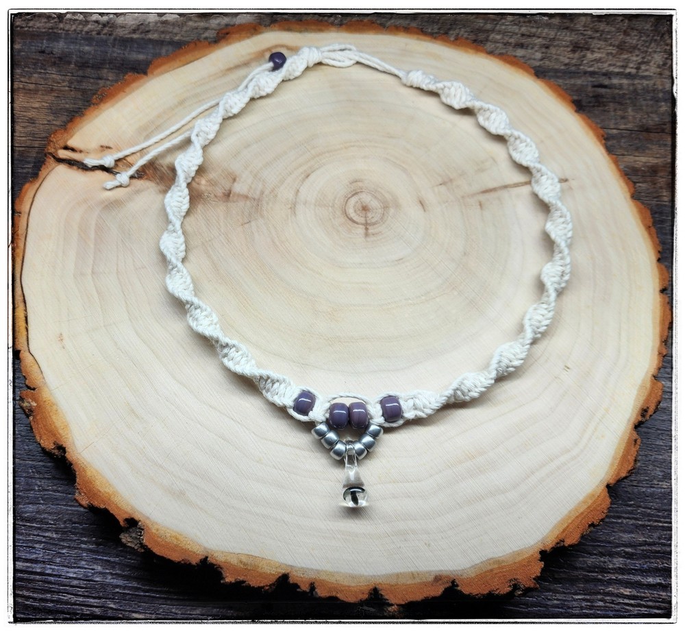 White Hemp Necklace with Mini Black Glass Mushroom Drop And Purple Glass Beads