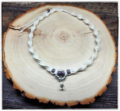 White Hemp Necklace with Mini Black Glass Mushroom Drop And Purple Glass Beads