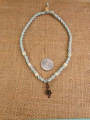 New Blue Hemp Necklace W/ Bronze Music Charm & White Beads 15 in Macrame