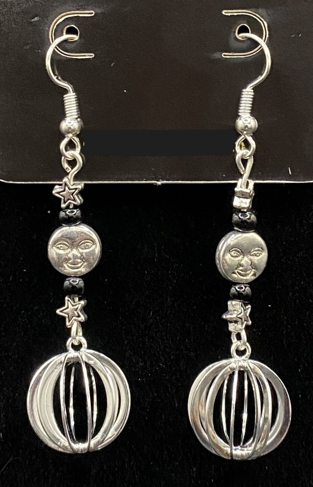 Handmade Moon Stars Hollow Caged Orbs & Black Glass Bead Earrings by Neanie-Bot