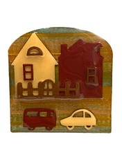 Vintage Lucinda Brooch House Pins Home Picket Fence Cars Cream Reddish Brown EUC
