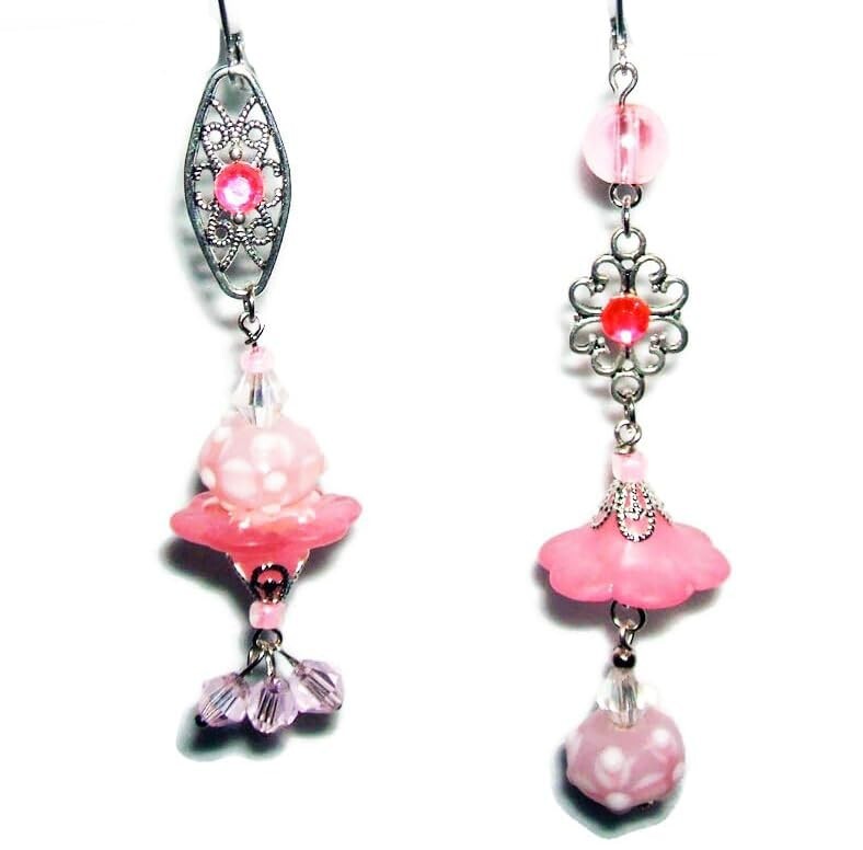 PINK LAMPWORK ART GLASS EARRINGS Asymetrical Designer Long Drops Stainless Steel