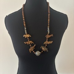 Vintage African Hand Carved Wooden Safari Jungle Animals Beaded Tribal Necklace