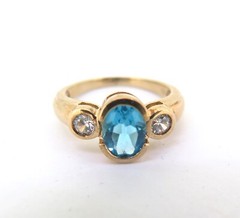 .Sparkling Faceted Topaz & CZ Trilogy 9ct Yellow Gold Dress Ring Size O1/2 3.7g