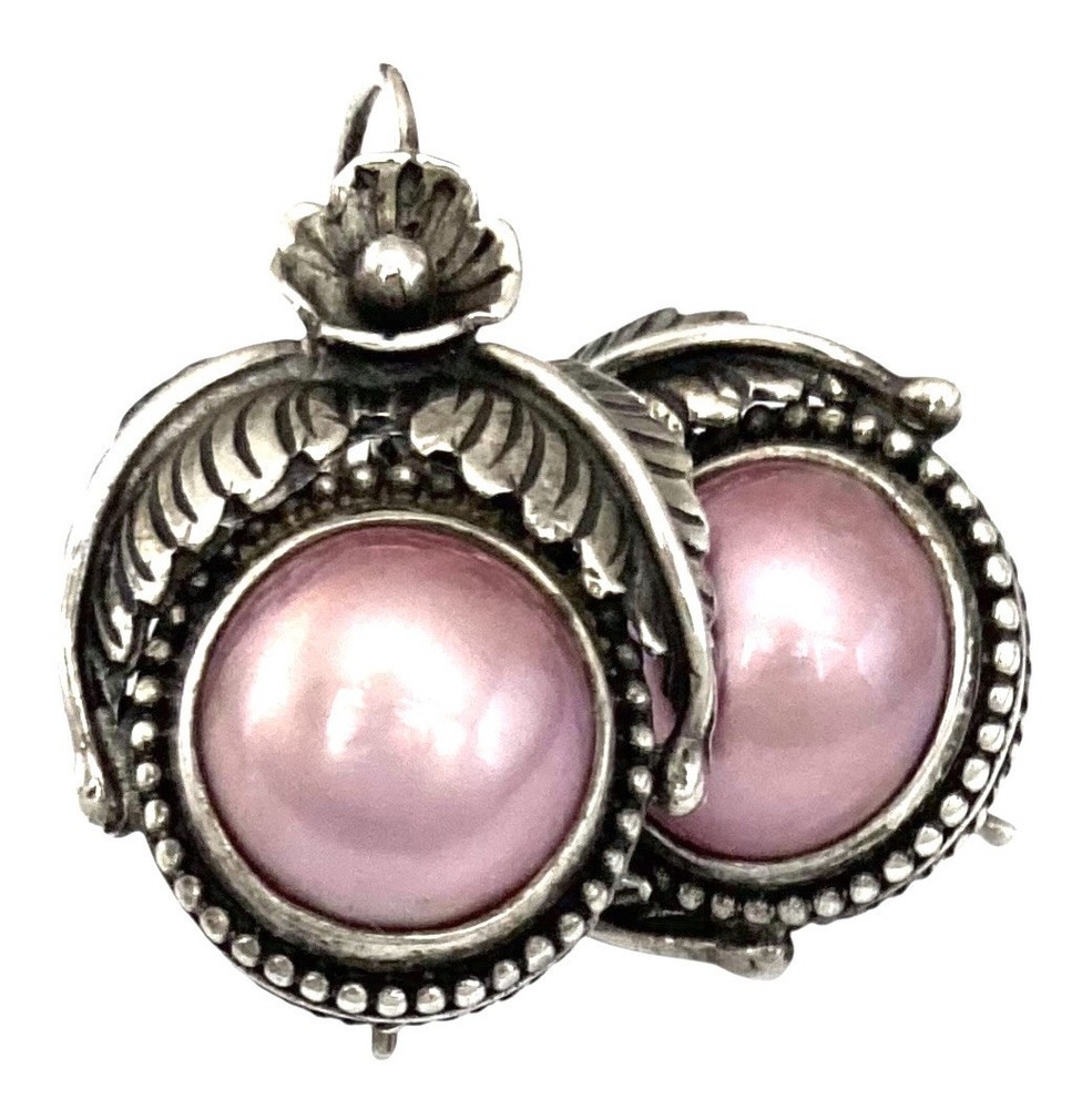 MERAV INDONESIA Sterling Silver Floral PINK PEARL Locking French Wire Earrings