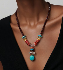 Turquoise, Green Amethyst Nugget, Orange Sapphire Zircon, Garnet Necklace