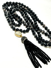 Black Sea Sediment Imperial Jasper Knotted Bead 48” Necklace 4” Druzy Tassel
