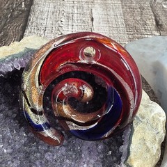 Artisan Dichroic Abstract Lampwork Glass Pendant Red Gold Blue Sparkle Spiral 3D