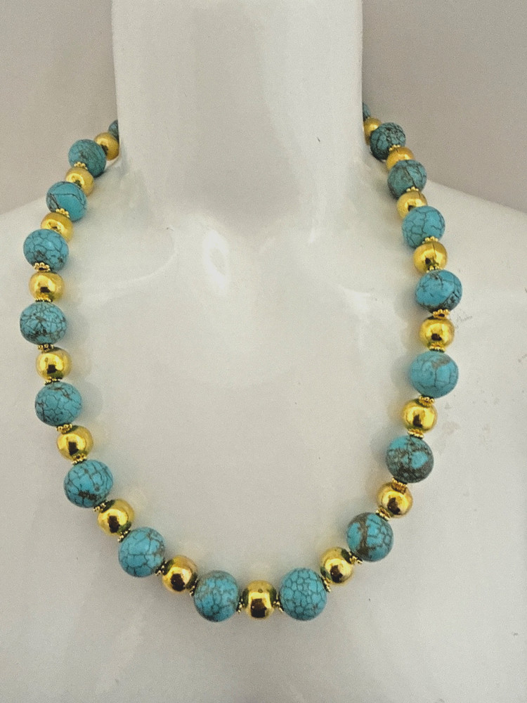 Gold Beads 16mm Round Turquoise Blue Magnesite 24″ Necklace 1 3/4″ Earring Set