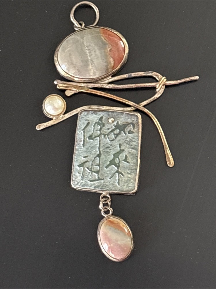 Shirley Price Signed Artist Made Sterling Sig. Pearl Jadeite Jasper Lg Pendant