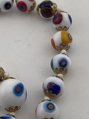 Murano Millefiori White Milk Glass Graduated & Knotted Brass Cap Bead Necklace