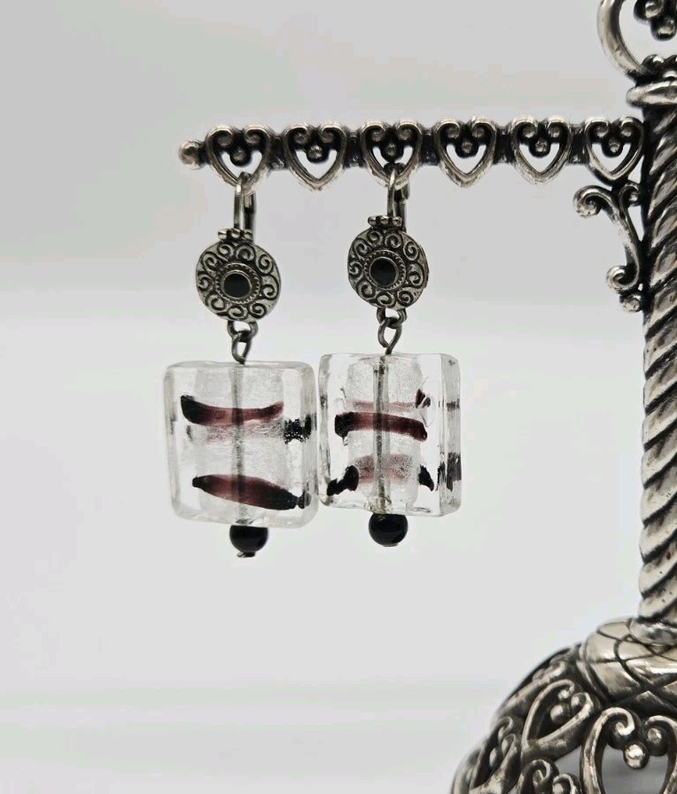 Glass Dangle Earrings Black Clear Square Lampwork Boho Silver tone Modern 2 in
