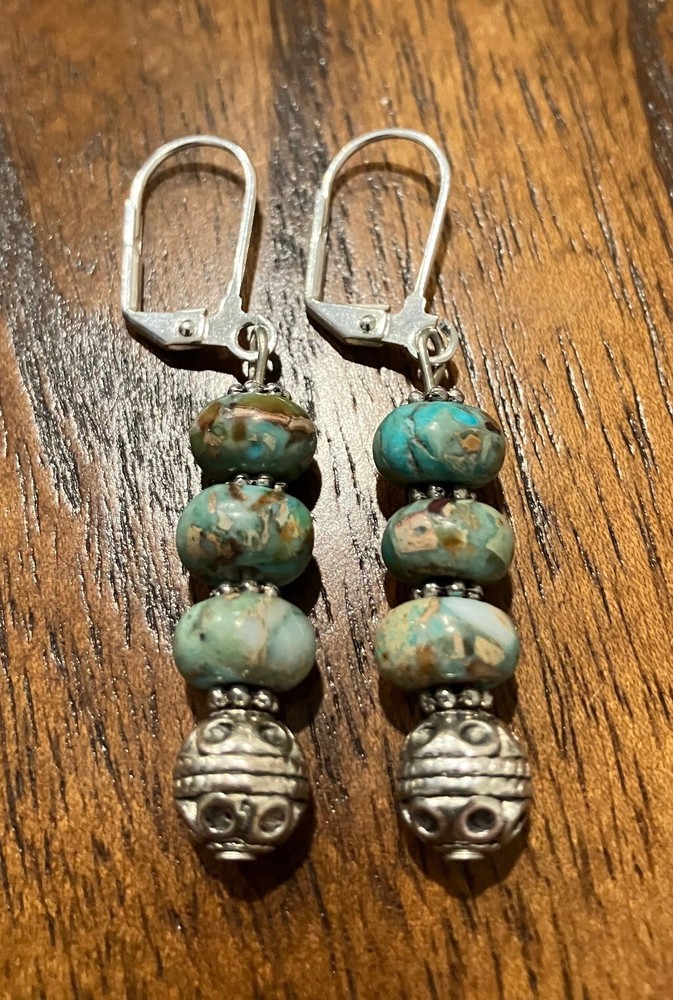 Serpentine Jasper and Sterling Silver Earrings, lever backs, 1 inch long pierced