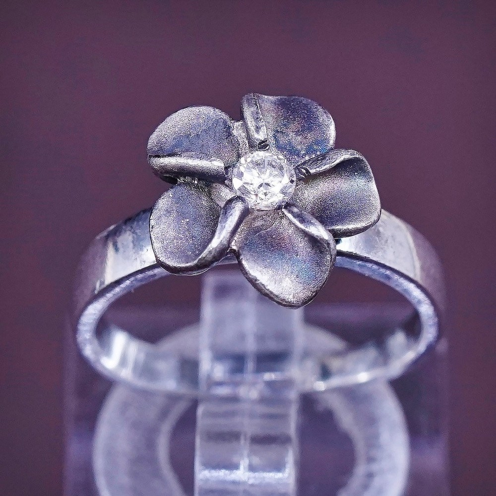 sz 5, vtg Sterling silver flower ring, modern 925 w/ Cz