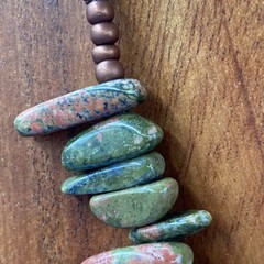 NECKLACE Artisan made vintage copper pendant Unakite stones coppertone beads