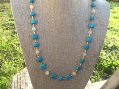 Handmade Necklace of Round and Square Turquoise Magnesite and Italian Onyx Beads